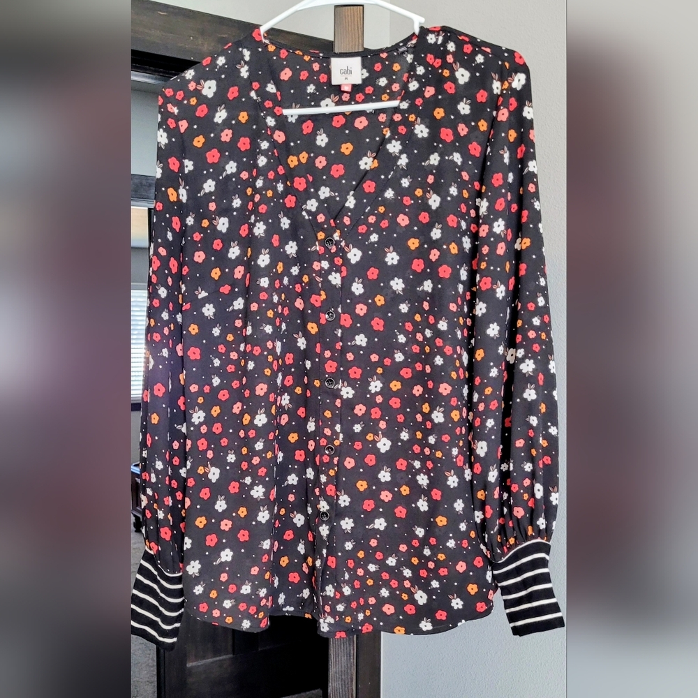 Cabi, Women's Black Floral Blouse with Striped Cuffs, M, Like New.